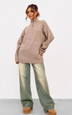 PrettyLittleThing Sweaters*Knitted Slouchy Half Zip Sweater