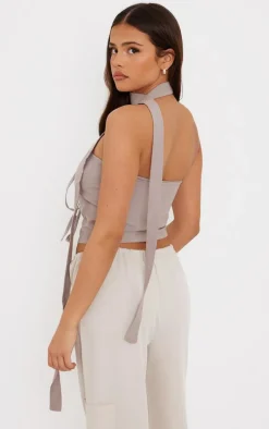 Taupe Linen Bow Front Scarf Bandeau Top