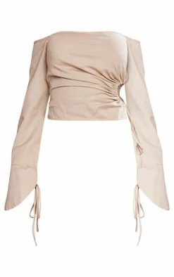 Online PrettyLittleThing Linen Look Bardot Tie Detail Top Taupe