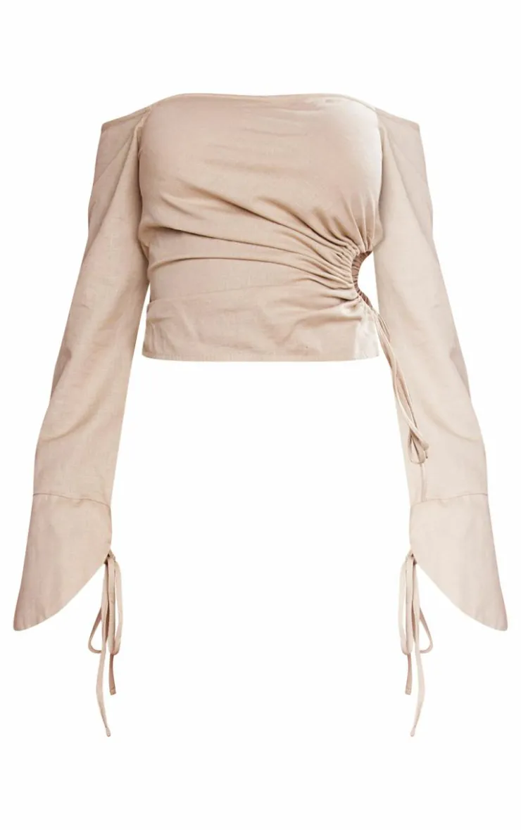 Online PrettyLittleThing Linen Look Bardot Tie Detail Top Taupe