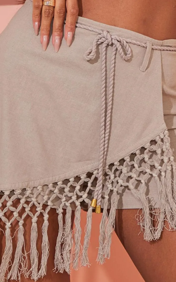 Best PrettyLittleThing Linen Look Crochet Tassel Hem Wrap Skort Taupe