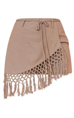 Best PrettyLittleThing Linen Look Crochet Tassel Hem Wrap Skort Taupe