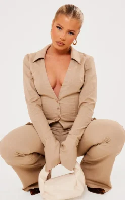 Best PrettyLittleThing Linen Look Fitted Flared Pants Taupe