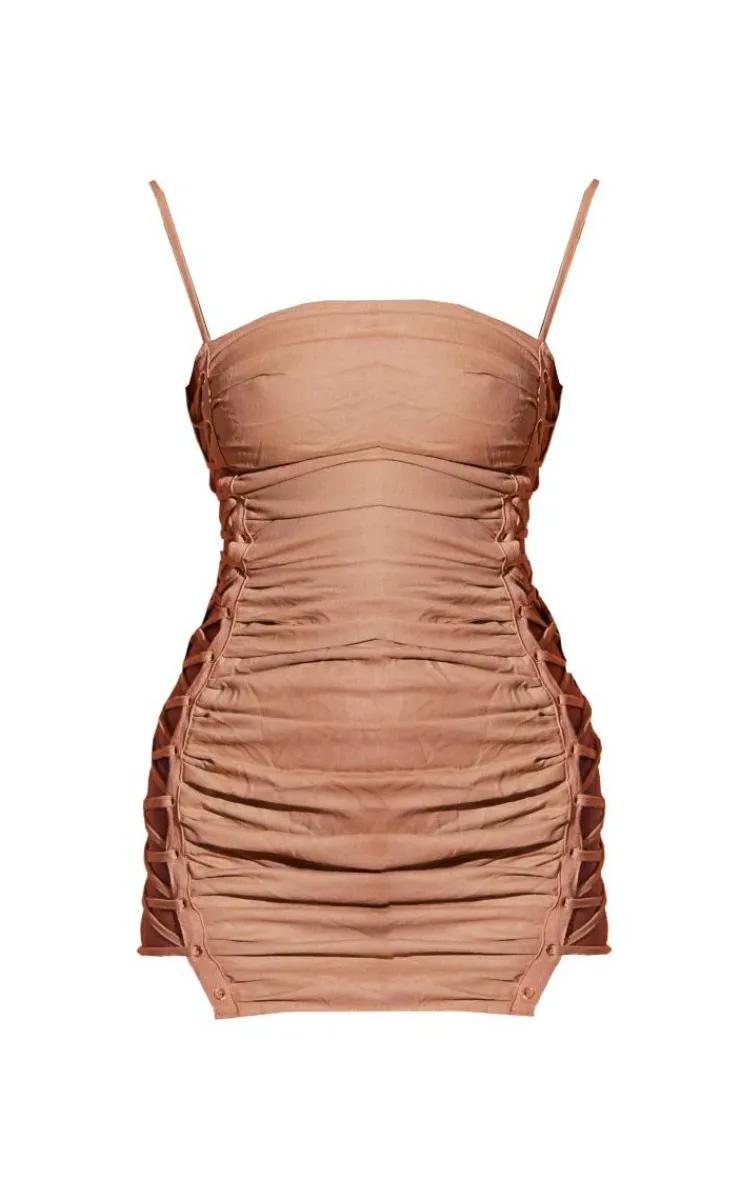 Linen Look Lace Up Side Bodycon Dress-PrettyLittleThing Outlet