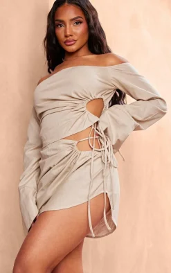 Outlet PrettyLittleThing Linen Look Ruched Detail Mini Skirt Taupe