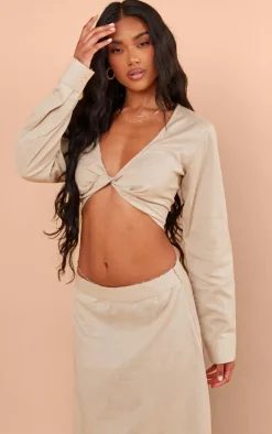 New PrettyLittleThing Linen Look Twist Front Cropped Shirt Taupe