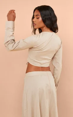 New PrettyLittleThing Linen Look Twist Front Cropped Shirt Taupe