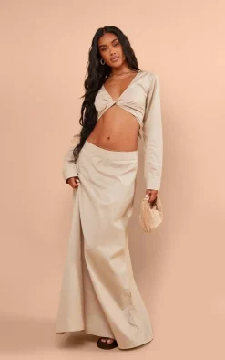 New PrettyLittleThing Linen Look Twist Front Cropped Shirt Taupe