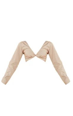 New PrettyLittleThing Linen Look Twist Front Cropped Shirt Taupe