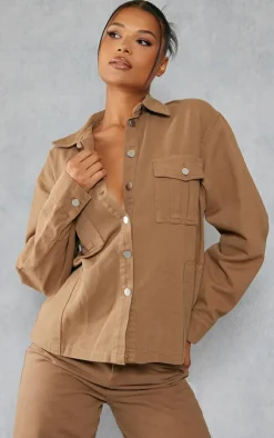 Outlet PrettyLittleThing Oversized Utility Pocket Denim Shirt Taupe