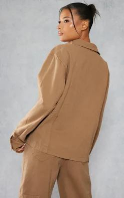 Outlet PrettyLittleThing Oversized Utility Pocket Denim Shirt Taupe