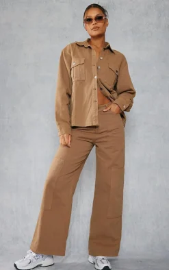 Outlet PrettyLittleThing Oversized Utility Pocket Denim Shirt Taupe