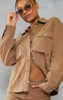 Outlet PrettyLittleThing Oversized Utility Pocket Denim Shirt Taupe