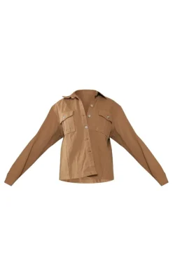 Outlet PrettyLittleThing Oversized Utility Pocket Denim Shirt Taupe