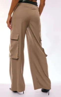 Taupe Premium Faux Leather Waistband Wide Leg Pants