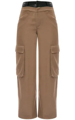 Taupe Premium Faux Leather Waistband Wide Leg Pants