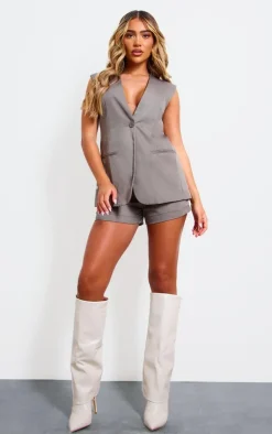 New PrettyLittleThing Premium Tailored Woven Longline Vest Taupe