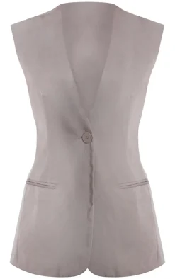 New PrettyLittleThing Premium Tailored Woven Longline Vest Taupe