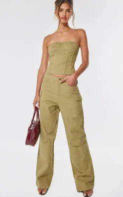 New PrettyLittleThing Premium Twill Cargo Mid Rise Wide Leg Pants Taupe