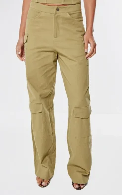 New PrettyLittleThing Premium Twill Cargo Mid Rise Wide Leg Pants Taupe