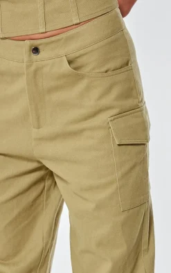New PrettyLittleThing Premium Twill Cargo Mid Rise Wide Leg Pants Taupe