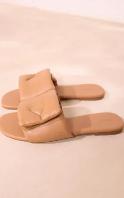 PrettyLittleThing Slides*PU Round Toe Padded Velcro Strap Slider Flat Sandals