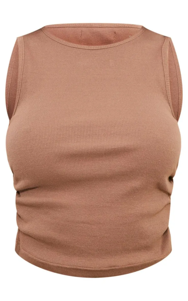 PrettyLittleThing Sleeveless Tops*Taupe Rib Boatneck Ruched Side Vest