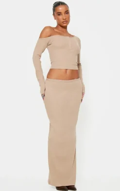 Hot PrettyLittleThing Rib Maxi Skirt Taupe