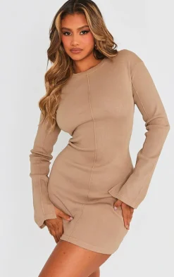 Ribbed Exposed Seam Long Sleeve Bodycon Dress-PrettyLittleThing Hot