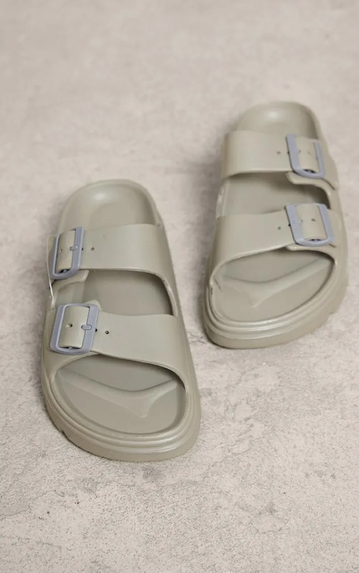 PrettyLittleThing Slides*Rubberised Round Toe Buckle Flat Slider Sandals