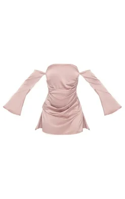 Satin Corset Bardot Ruched Long Sleeve Shift Dress-PrettyLittleThing
