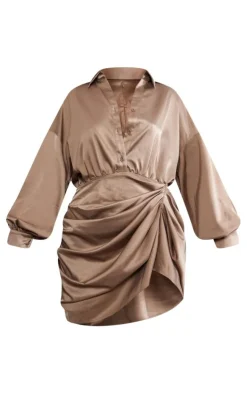Satin Drape Skirt Oversized Sleeve Shirt Dress-PrettyLittleThing