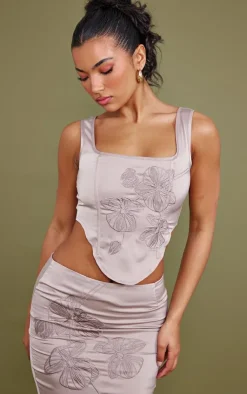 Outlet PrettyLittleThing Satin Floral Embroidered Corset Top Taupe