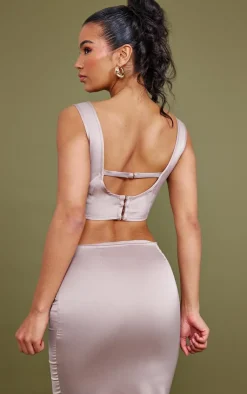 Outlet PrettyLittleThing Satin Floral Embroidered Corset Top Taupe