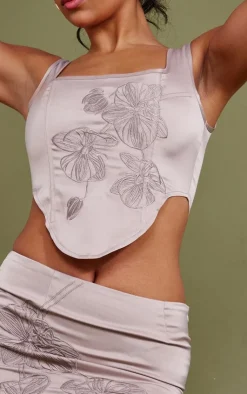 Outlet PrettyLittleThing Satin Floral Embroidered Corset Top Taupe