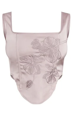 Outlet PrettyLittleThing Satin Floral Embroidered Corset Top Taupe