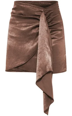 Taupe Satin Wrap Tie Detail Mini Skirt
