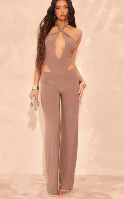 Hot PrettyLittleThing Slinky Mid Rise Straight Leg Pants Taupe