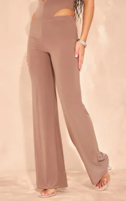 Hot PrettyLittleThing Slinky Mid Rise Straight Leg Pants Taupe