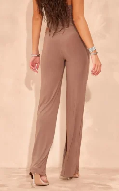 Hot PrettyLittleThing Slinky Mid Rise Straight Leg Pants Taupe