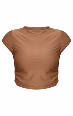 Taupe Slinky Ruched Detail Crop Top