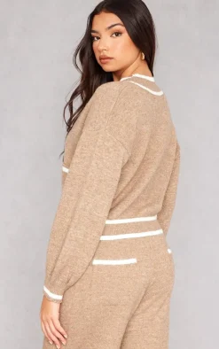 Sale PrettyLittleThing Soft Knit Contrast Stripe Detail Button Up Cardigan Taupe