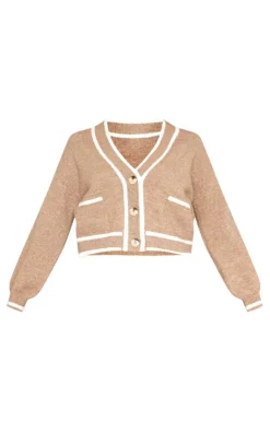 Sale PrettyLittleThing Soft Knit Contrast Stripe Detail Button Up Cardigan Taupe