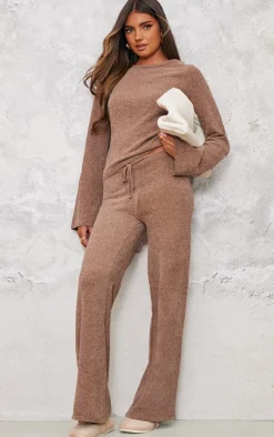New PrettyLittleThing Soft Textured Knit Drawstring Wide Leg Pants Taupe