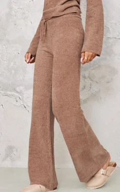 New PrettyLittleThing Soft Textured Knit Drawstring Wide Leg Pants Taupe