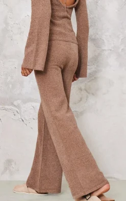 New PrettyLittleThing Soft Textured Knit Drawstring Wide Leg Pants Taupe