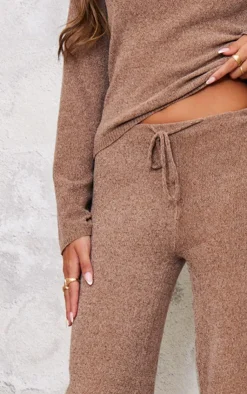 New PrettyLittleThing Soft Textured Knit Drawstring Wide Leg Pants Taupe