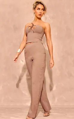 Outlet PrettyLittleThing Stretch Woven Seam Detail Straight Leg Pants Taupe