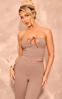 Discount PrettyLittleThing Stretch Woven Tie Detail Seam Top Taupe