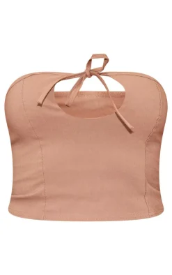 Discount PrettyLittleThing Stretch Woven Tie Detail Seam Top Taupe